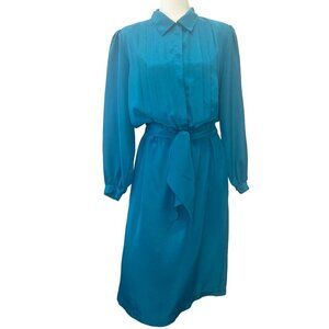 Vintage 80s 90s Hana Sung Belted Midi Dress Blue Long Sleeve Size MED Designer